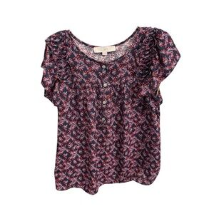 LOFT Floral Ruffle Top in Red, White, and Navy Blue Women’s Size Small